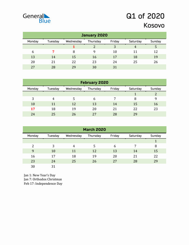 Quarterly Calendar 2020 with Kosovo Holidays