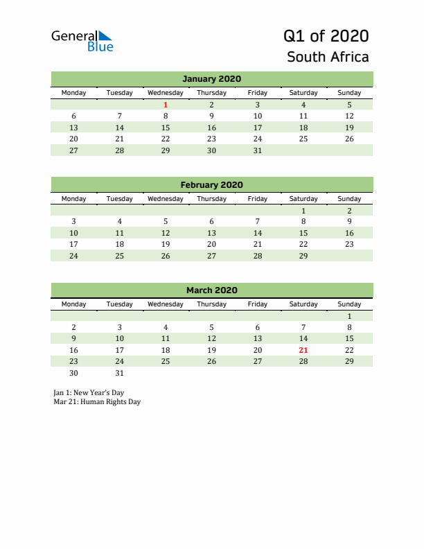 Quarterly Calendar 2020 with South Africa Holidays