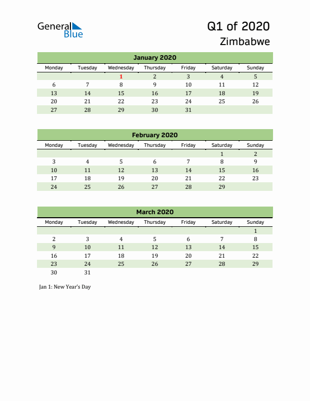 Quarterly Calendar 2020 with Zimbabwe Holidays