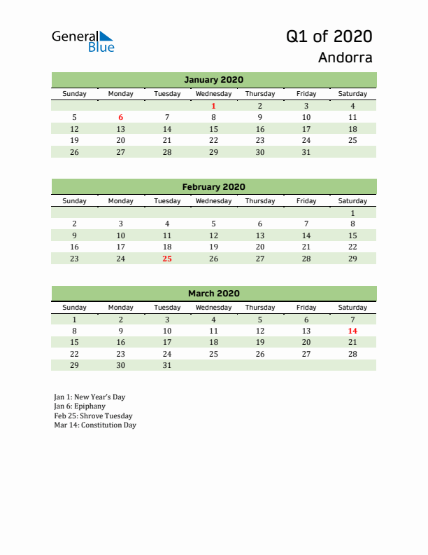 Quarterly Calendar 2020 with Andorra Holidays