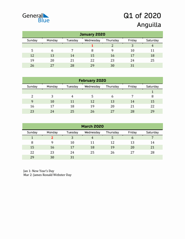 Quarterly Calendar 2020 with Anguilla Holidays