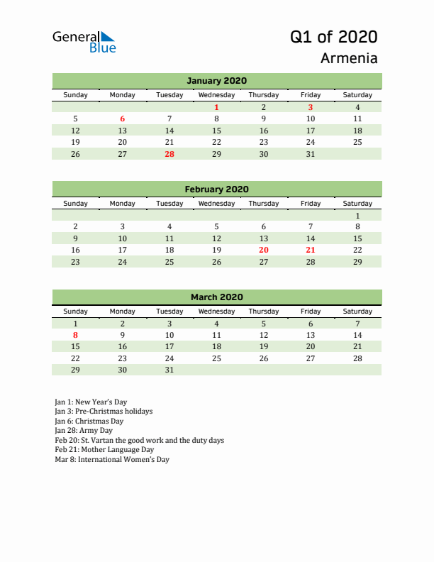 Quarterly Calendar 2020 with Armenia Holidays