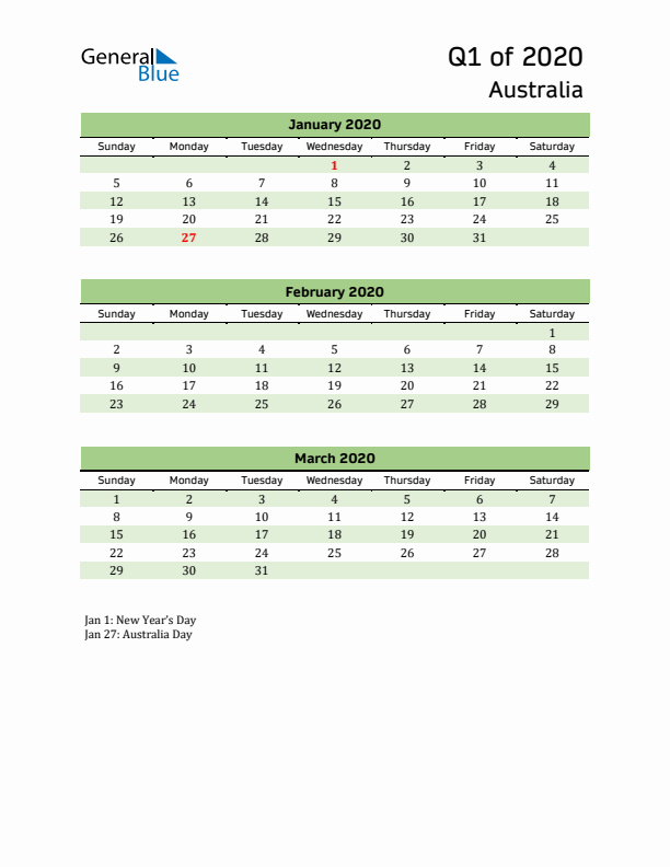 Quarterly Calendar 2020 with Australia Holidays