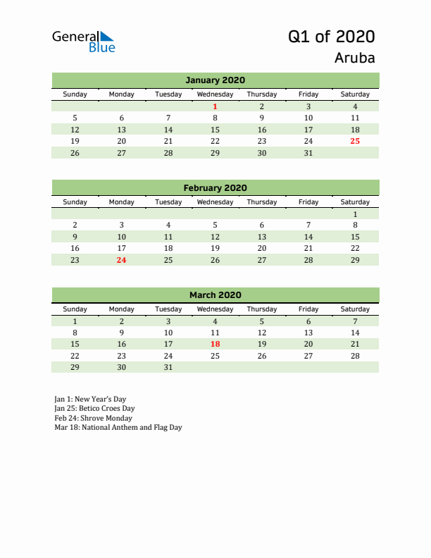 Quarterly Calendar 2020 with Aruba Holidays