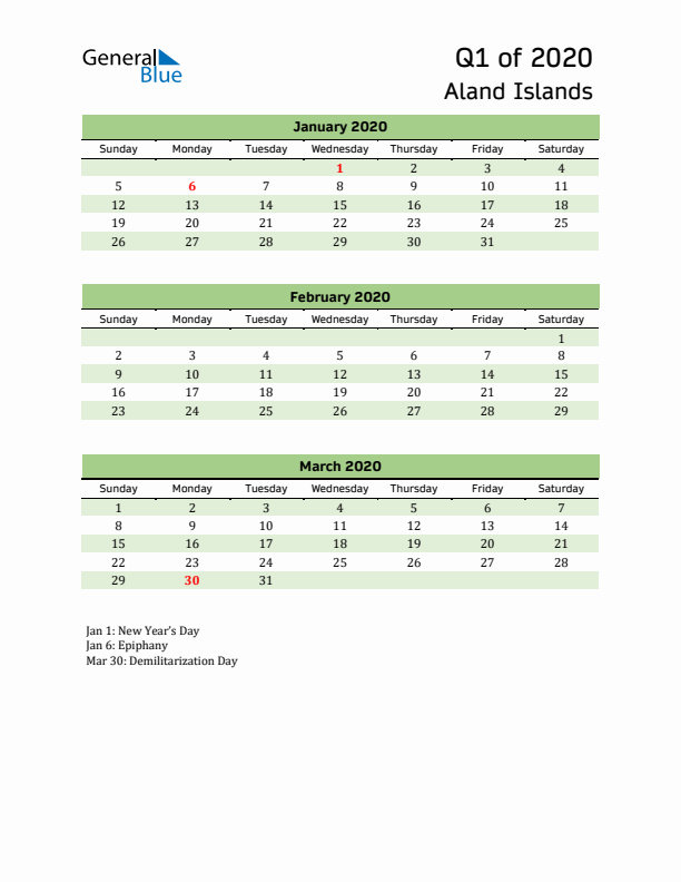 Quarterly Calendar 2020 with Aland Islands Holidays