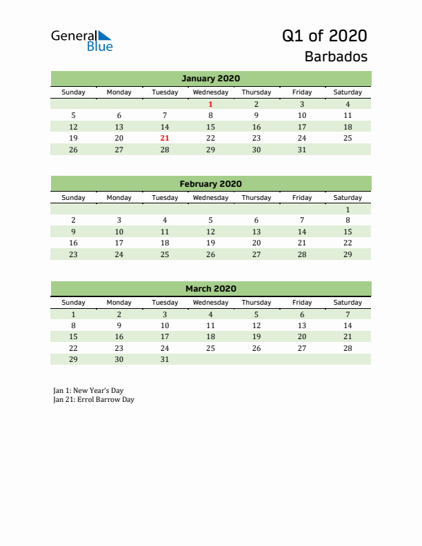 Quarterly Calendar 2020 with Barbados Holidays