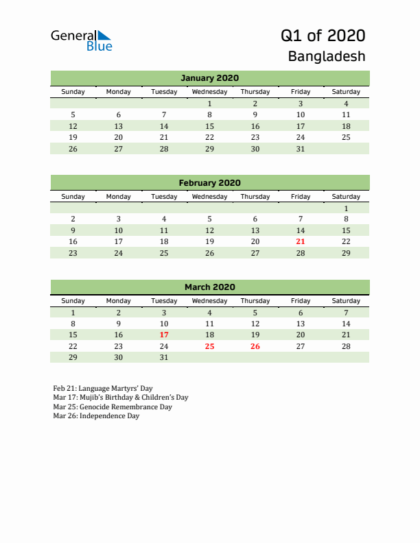 Quarterly Calendar 2020 with Bangladesh Holidays