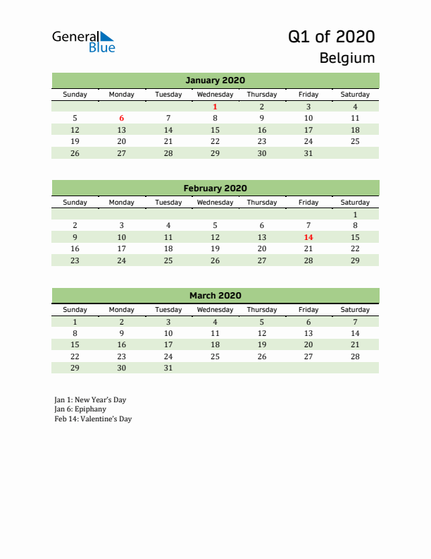 Quarterly Calendar 2020 with Belgium Holidays