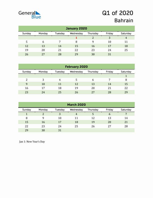 Quarterly Calendar 2020 with Bahrain Holidays