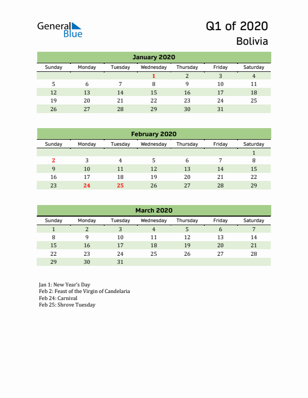 Quarterly Calendar 2020 with Bolivia Holidays