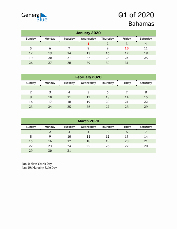 Quarterly Calendar 2020 with Bahamas Holidays