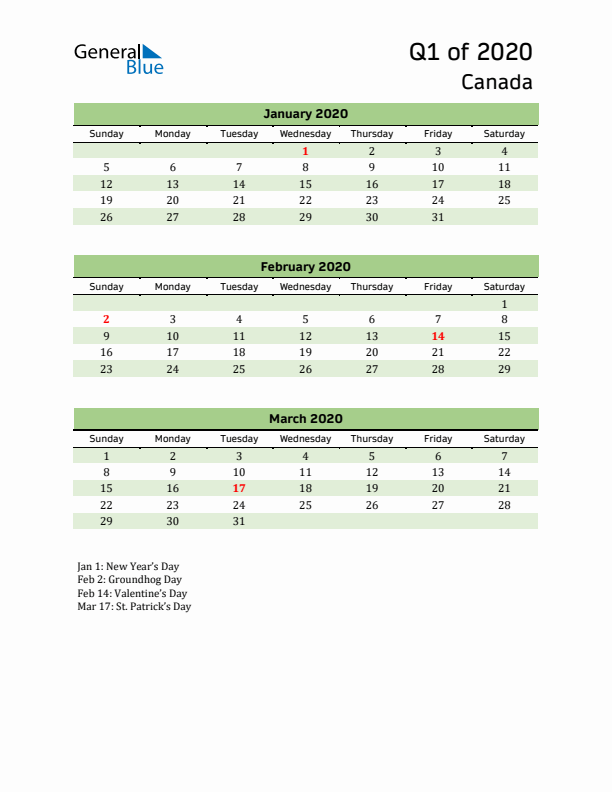 Quarterly Calendar 2020 with Canada Holidays