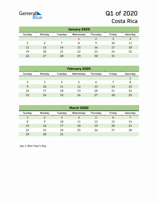 Quarterly Calendar 2020 with Costa Rica Holidays