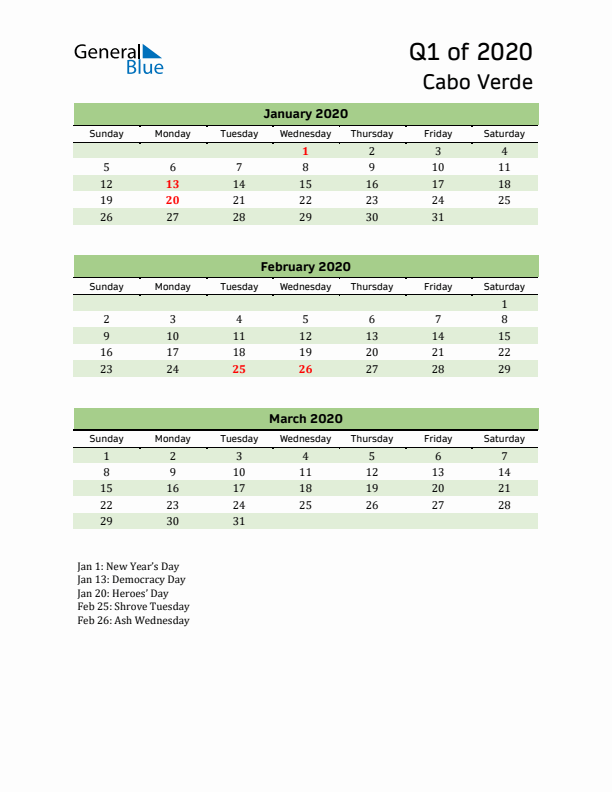 Quarterly Calendar 2020 with Cabo Verde Holidays