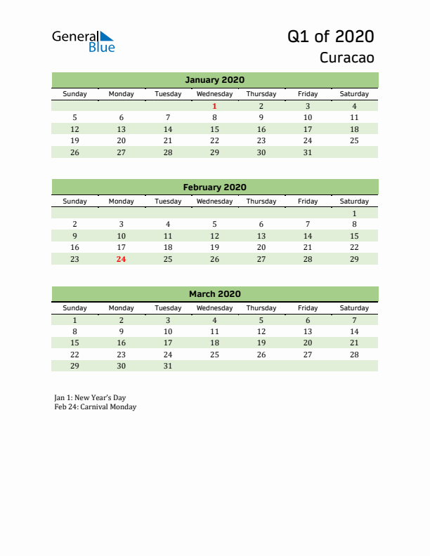 Quarterly Calendar 2020 with Curacao Holidays