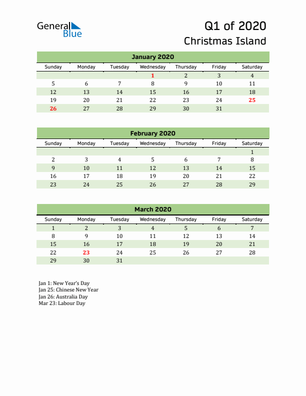 Quarterly Calendar 2020 with Christmas Island Holidays