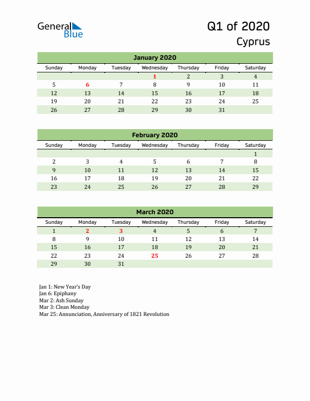 Quarterly Calendar 2020 with Cyprus Holidays