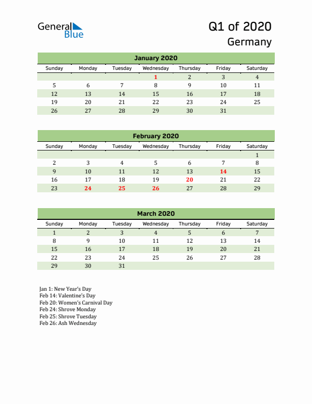 Quarterly Calendar 2020 with Germany Holidays