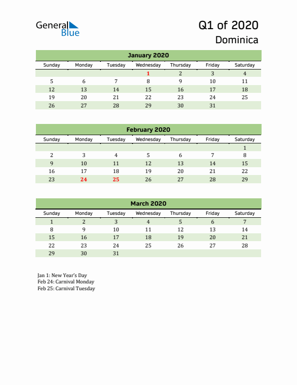 Quarterly Calendar 2020 with Dominica Holidays