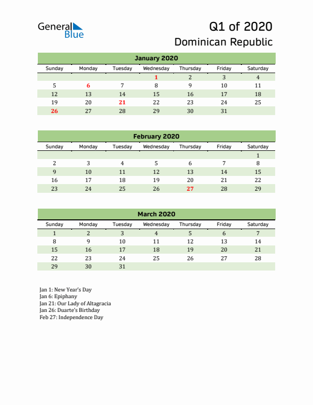 Quarterly Calendar 2020 with Dominican Republic Holidays