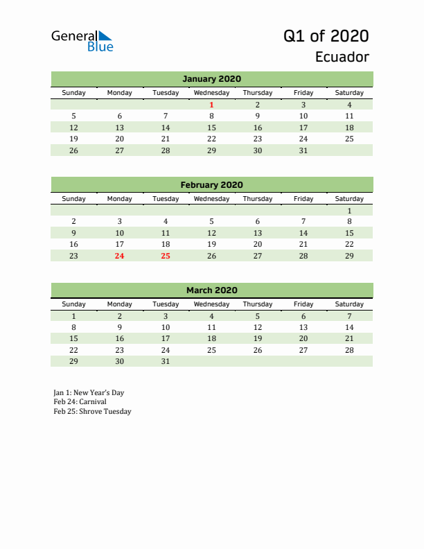 Quarterly Calendar 2020 with Ecuador Holidays