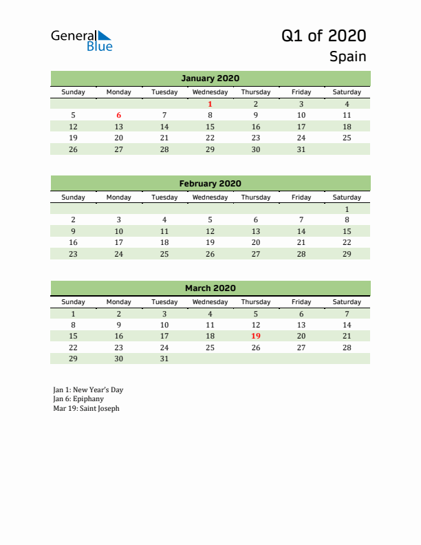 Quarterly Calendar 2020 with Spain Holidays