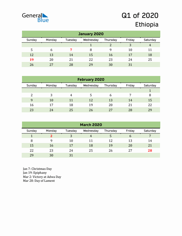 Quarterly Calendar 2020 with Ethiopia Holidays