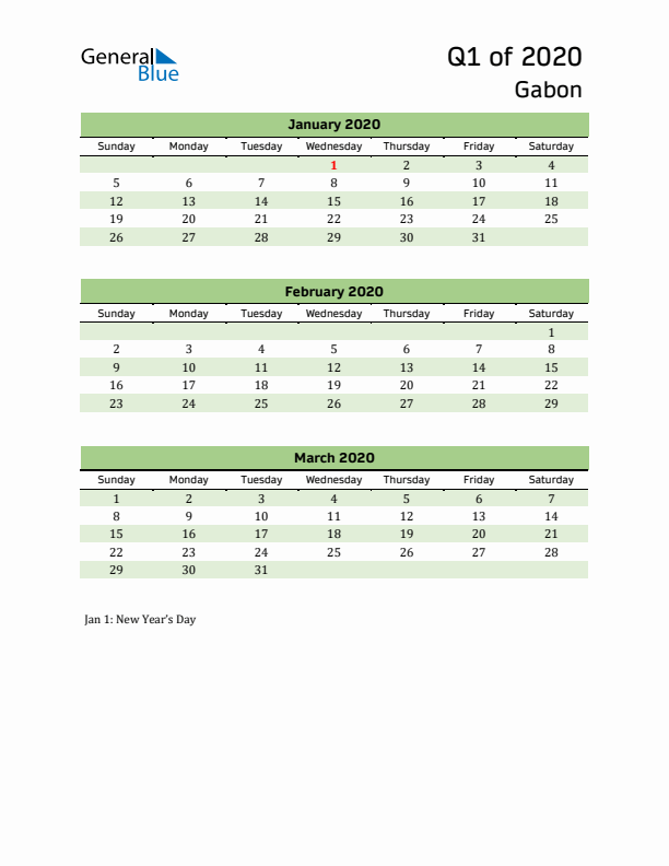 Quarterly Calendar 2020 with Gabon Holidays