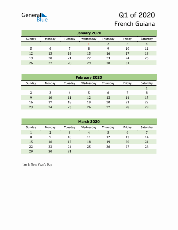 Quarterly Calendar 2020 with French Guiana Holidays