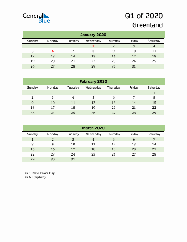 Quarterly Calendar 2020 with Greenland Holidays