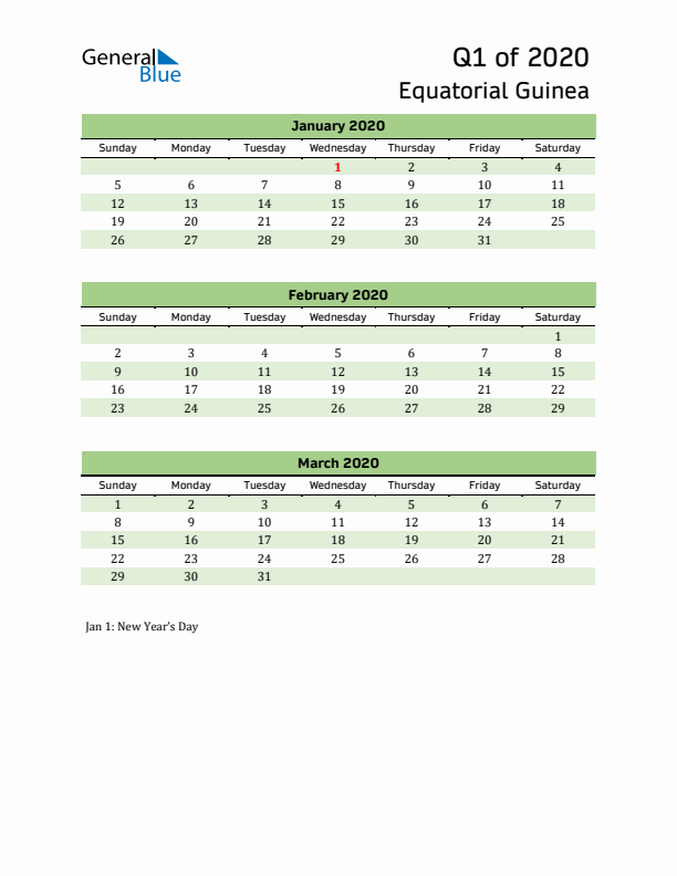 Quarterly Calendar 2020 with Equatorial Guinea Holidays