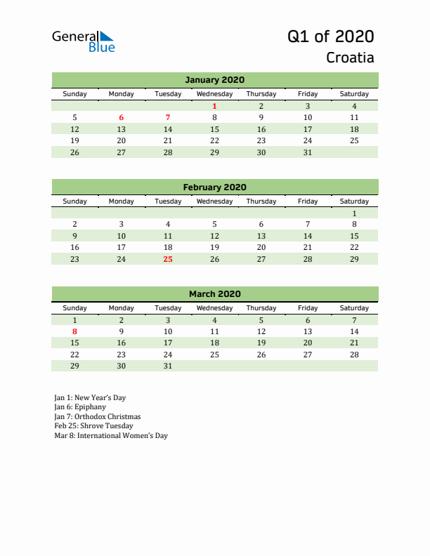 Quarterly Calendar 2020 with Croatia Holidays