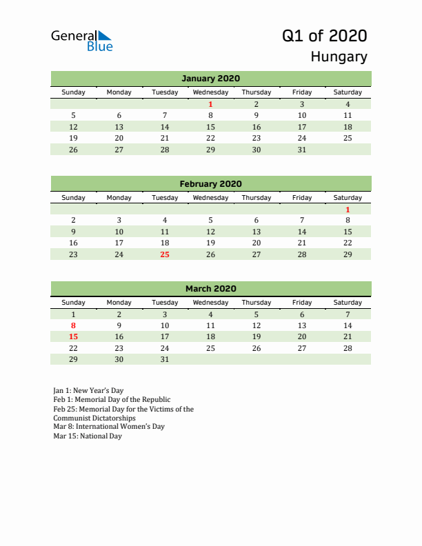 Quarterly Calendar 2020 with Hungary Holidays