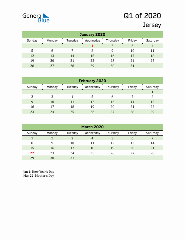 Quarterly Calendar 2020 with Jersey Holidays