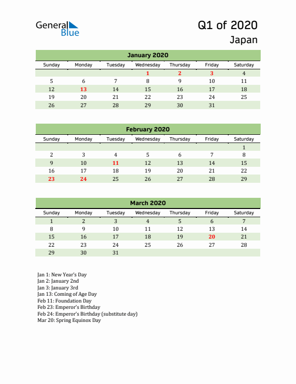 Quarterly Calendar 2020 with Japan Holidays