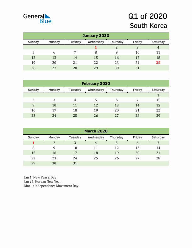 Quarterly Calendar 2020 with South Korea Holidays