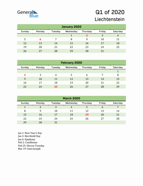 Quarterly Calendar 2020 with Liechtenstein Holidays