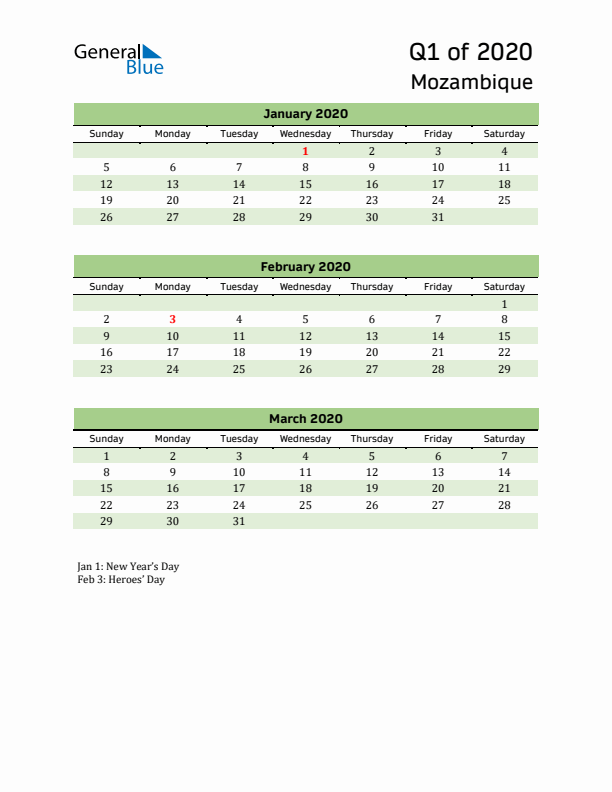 Quarterly Calendar 2020 with Mozambique Holidays