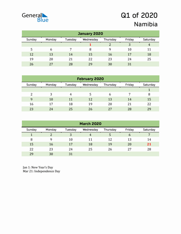 Quarterly Calendar 2020 with Namibia Holidays