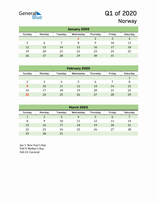 Quarterly Calendar 2020 with Norway Holidays