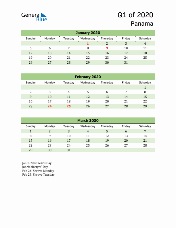 Quarterly Calendar 2020 with Panama Holidays