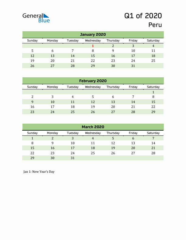 Quarterly Calendar 2020 with Peru Holidays