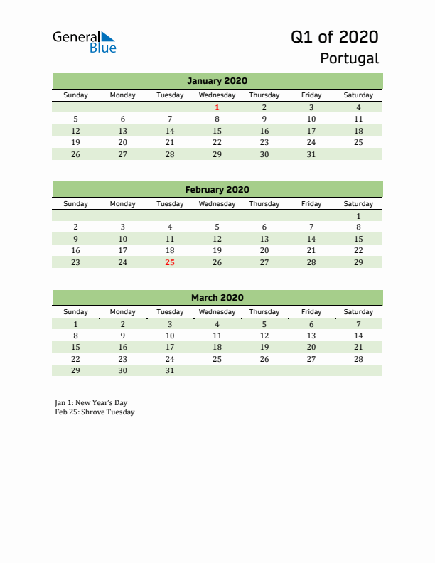 Quarterly Calendar 2020 with Portugal Holidays