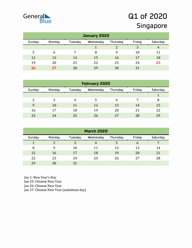 Quarterly Calendar 2020 with Singapore Holidays