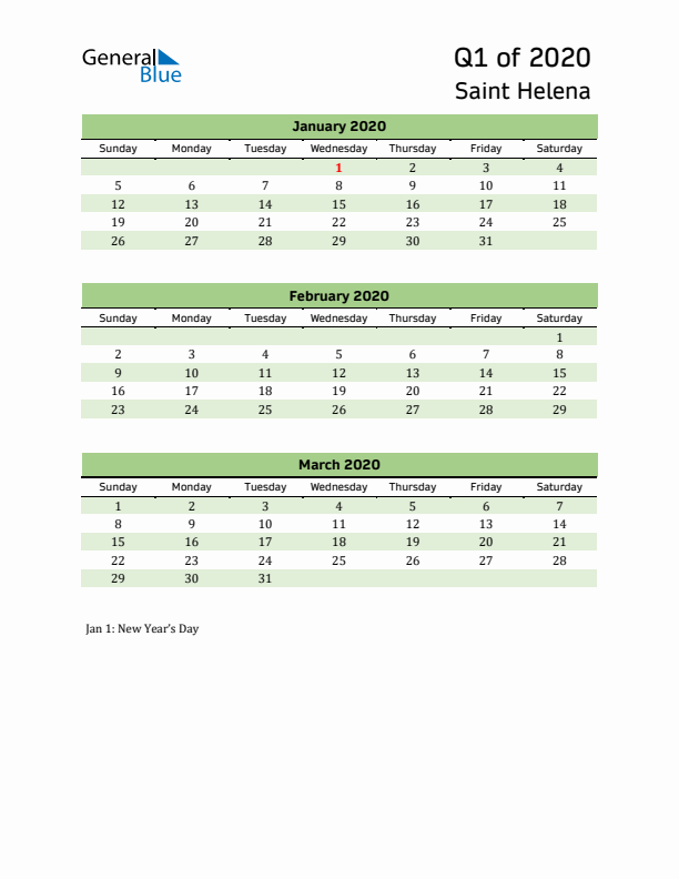 Quarterly Calendar 2020 with Saint Helena Holidays