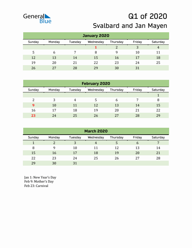 Quarterly Calendar 2020 with Svalbard and Jan Mayen Holidays