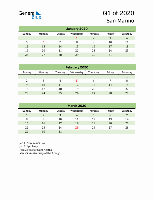 Quarterly Calendar 2020 with San Marino Holidays