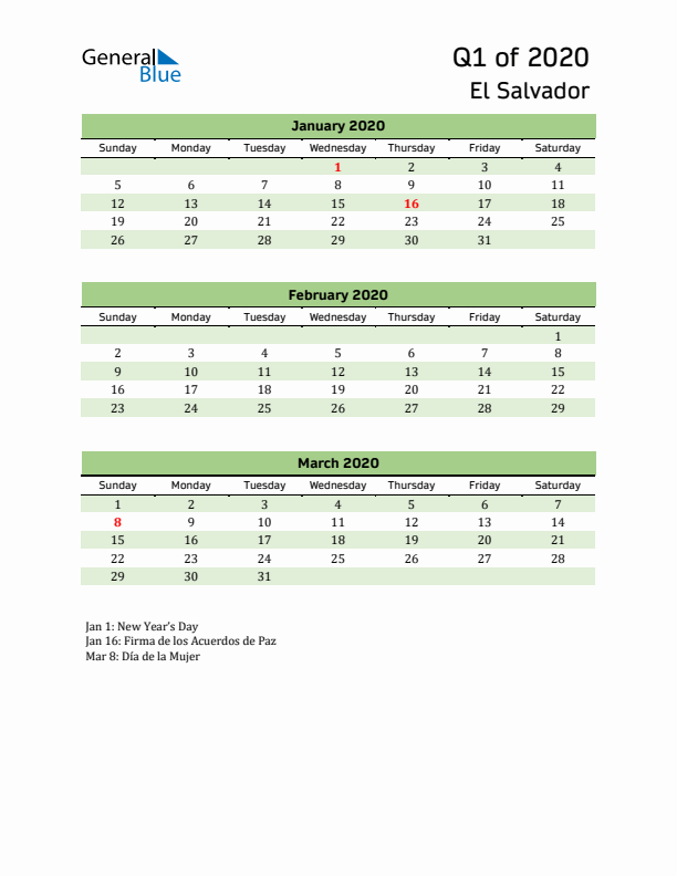 Quarterly Calendar 2020 with El Salvador Holidays