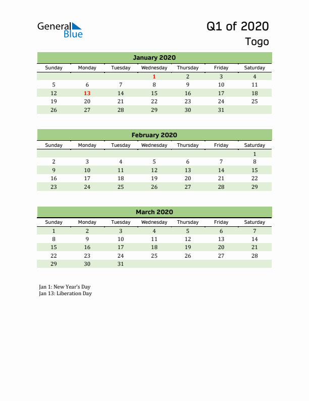 Quarterly Calendar 2020 with Togo Holidays