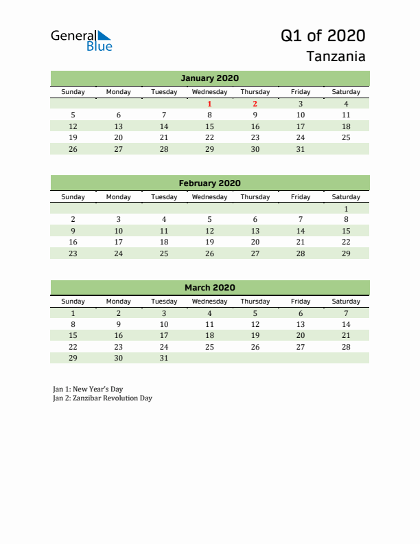 Quarterly Calendar 2020 with Tanzania Holidays